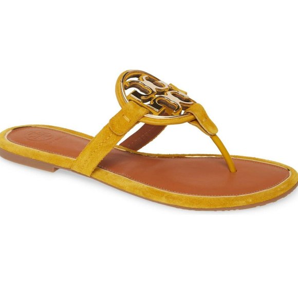 ❤️ NIB Tory Burch Metal Miller Suede Leather Thong Sandal Gold Finch Yellow US 6 - Picture 1 of 13